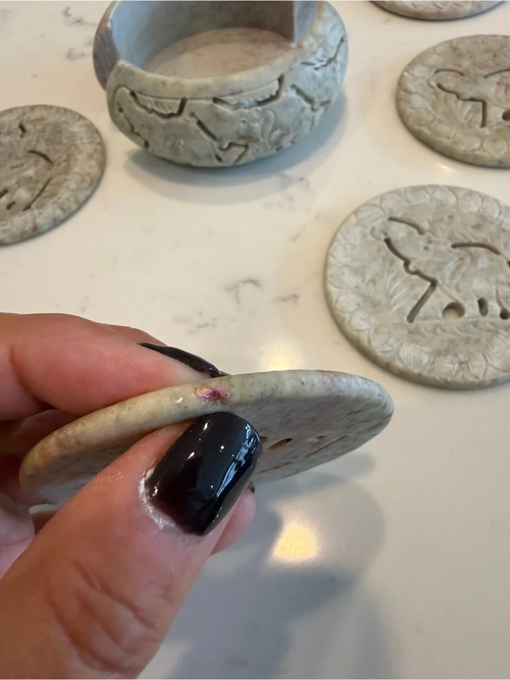 Hand-Carved 6 Soapstone Elephant Coaster Set with Holder Safari Wildlife Decor
